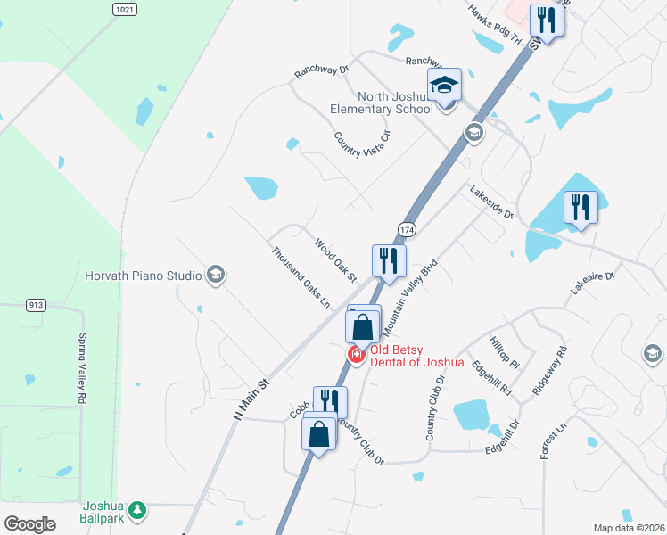 map of restaurants, bars, coffee shops, grocery stores, and more near 109 Wood Oak Street in Joshua
