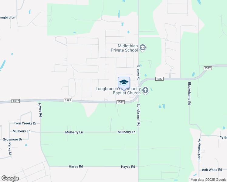 map of restaurants, bars, coffee shops, grocery stores, and more near 521 Branchwood Drive in Midlothian