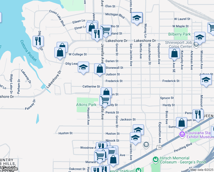 map of restaurants, bars, coffee shops, grocery stores, and more near 3640 Catherine Street in Shreveport