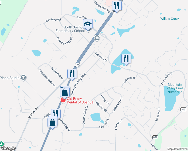 map of restaurants, bars, coffee shops, grocery stores, and more near 108 Old Hickory Ln in Joshua