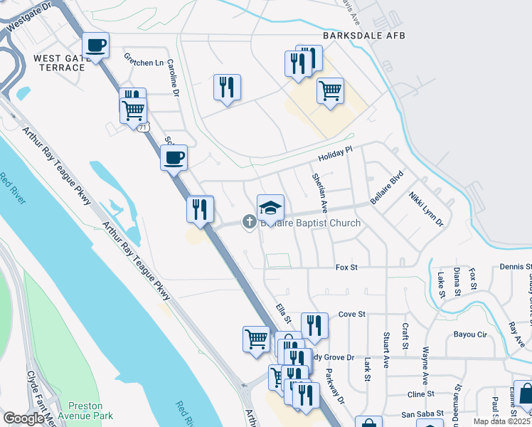 map of restaurants, bars, coffee shops, grocery stores, and more near 1309 Bellaire Boulevard in Bossier City