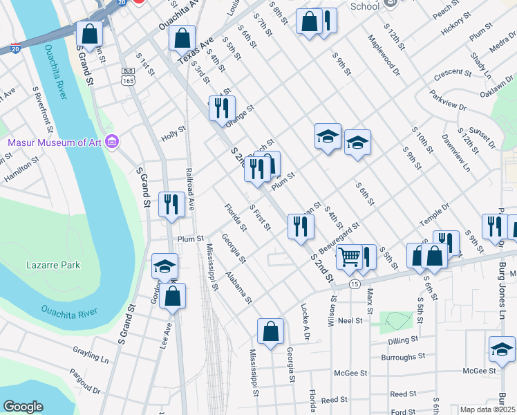 map of restaurants, bars, coffee shops, grocery stores, and more near 1203 South 1st Street in Monroe