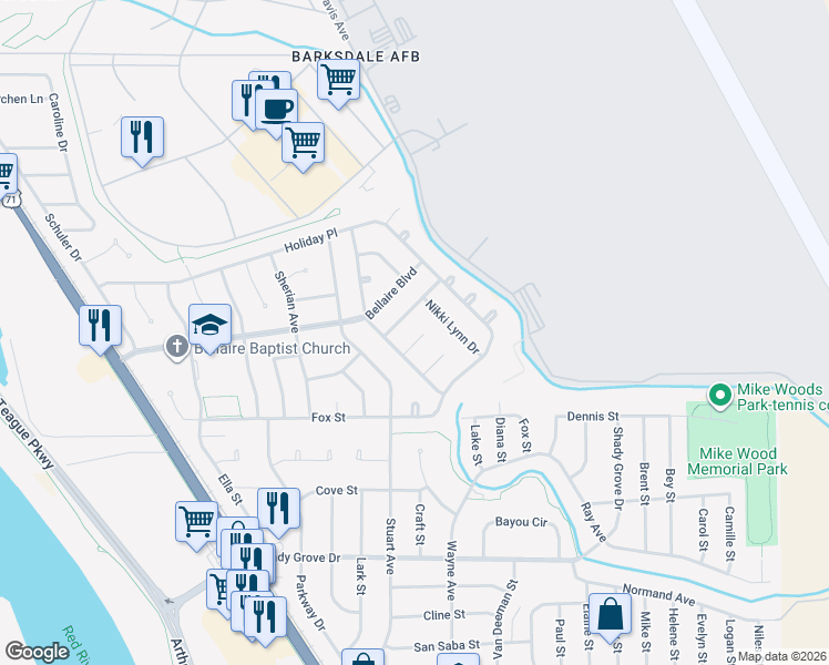 map of restaurants, bars, coffee shops, grocery stores, and more near 1607 Brisbane Circle in Bossier City