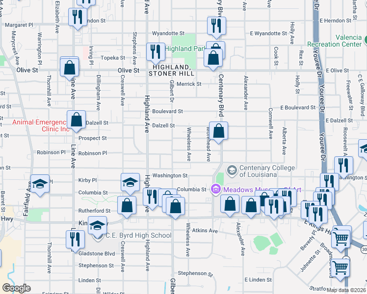 map of restaurants, bars, coffee shops, grocery stores, and more near 318 Robinson Place in Shreveport