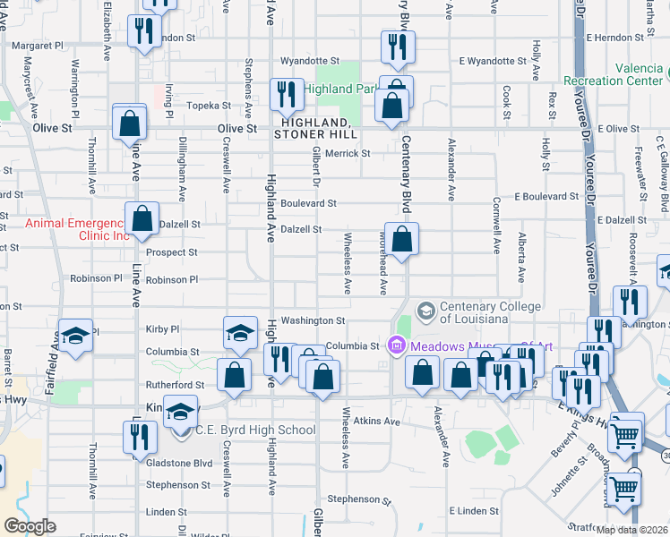 map of restaurants, bars, coffee shops, grocery stores, and more near 318 Robinson Place in Shreveport
