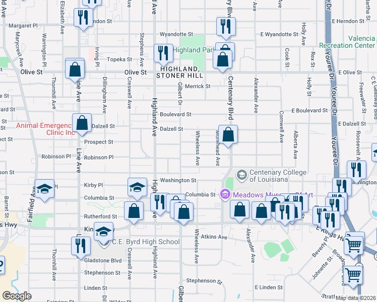 map of restaurants, bars, coffee shops, grocery stores, and more near 318 Robinson Place in Shreveport