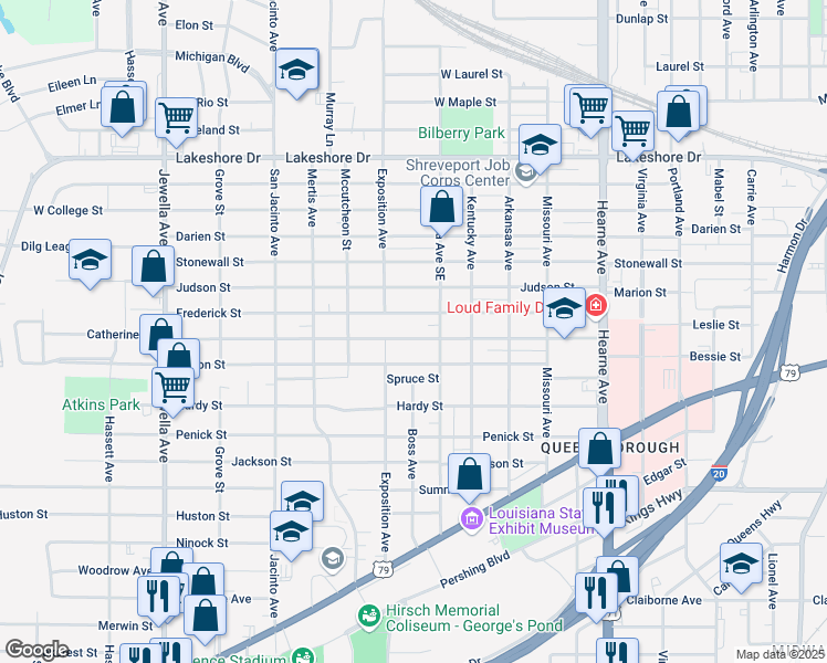 map of restaurants, bars, coffee shops, grocery stores, and more near 3130 Catherine Street in Shreveport