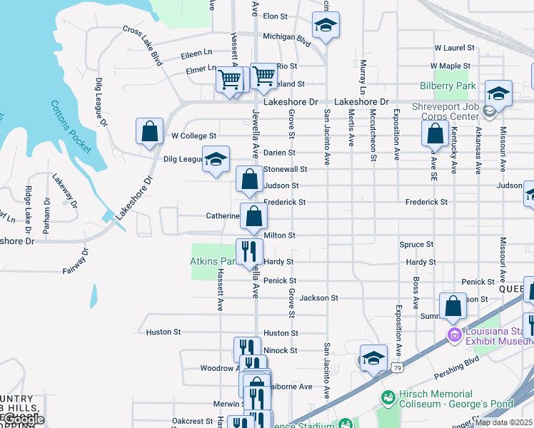 map of restaurants, bars, coffee shops, grocery stores, and more near 3640 Catherine Street in Shreveport