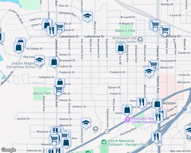 map of restaurants, bars, coffee shops, grocery stores, and more near 3316 Catherine Street in Shreveport