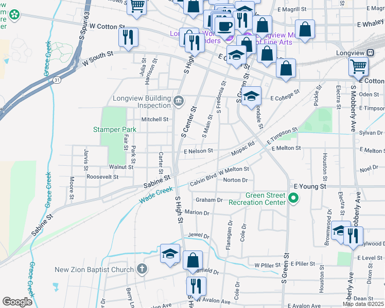 map of restaurants, bars, coffee shops, grocery stores, and more near 112 East Nelson Street in Longview