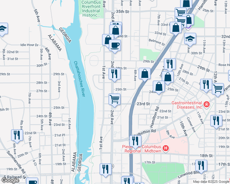 map of restaurants, bars, coffee shops, grocery stores, and more near 2420 2nd Avenue in Columbus