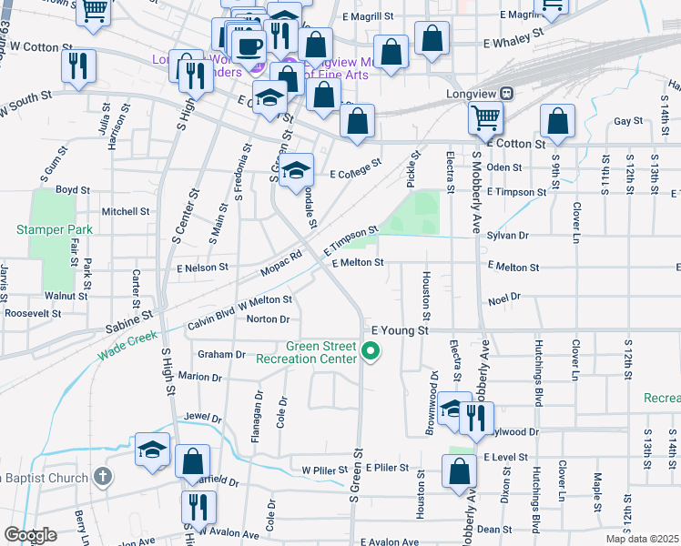 map of restaurants, bars, coffee shops, grocery stores, and more near 706 South Green Street in Longview