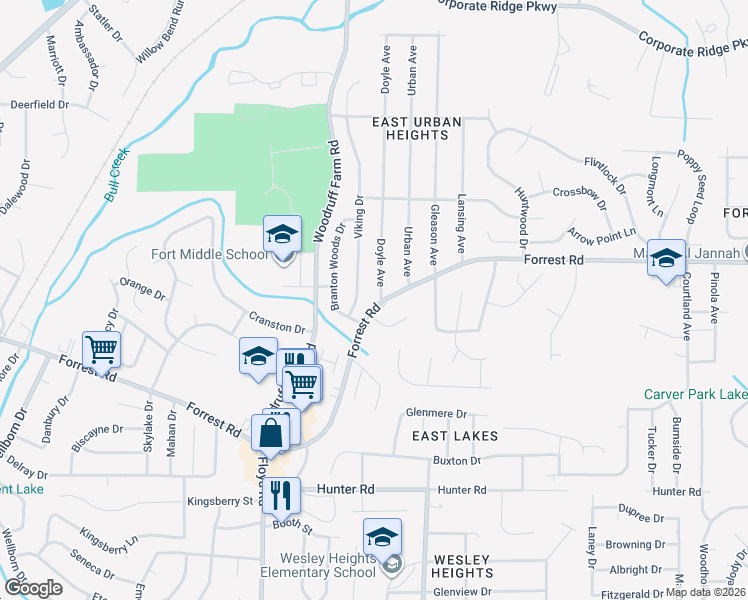 map of restaurants, bars, coffee shops, grocery stores, and more near 5759 Forrest Road in Columbus