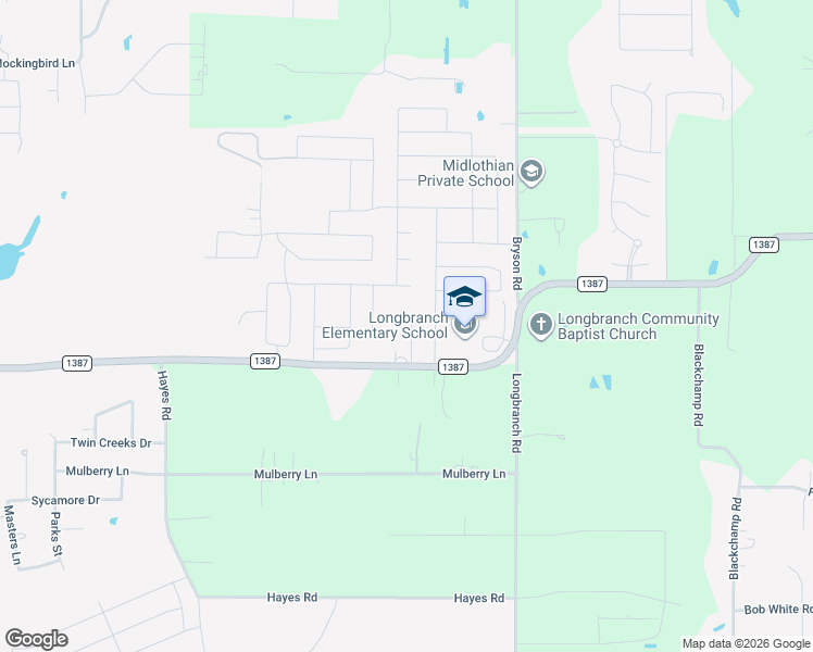 map of restaurants, bars, coffee shops, grocery stores, and more near 521 Branchwood Drive in Midlothian