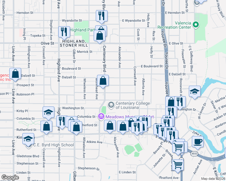map of restaurants, bars, coffee shops, grocery stores, and more near 128 Robinson Place in Shreveport