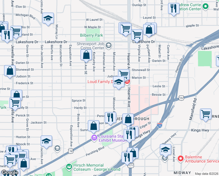 map of restaurants, bars, coffee shops, grocery stores, and more near 2816 Catherine Street in Shreveport
