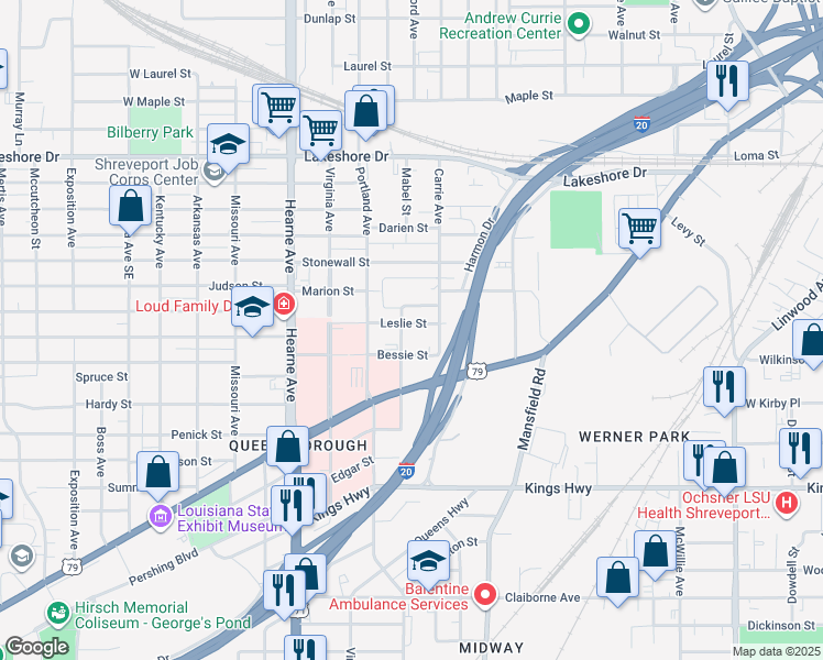 map of restaurants, bars, coffee shops, grocery stores, and more near 2329 Leslie Street in Shreveport