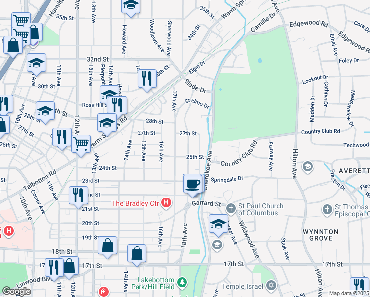 map of restaurants, bars, coffee shops, grocery stores, and more near 2515 18th Avenue in Columbus