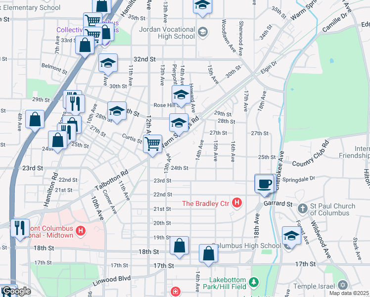 map of restaurants, bars, coffee shops, grocery stores, and more near 1338 Talbotton Road in Columbus