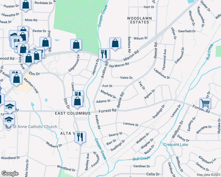map of restaurants, bars, coffee shops, grocery stores, and more near 4238 Fort Street in Columbus