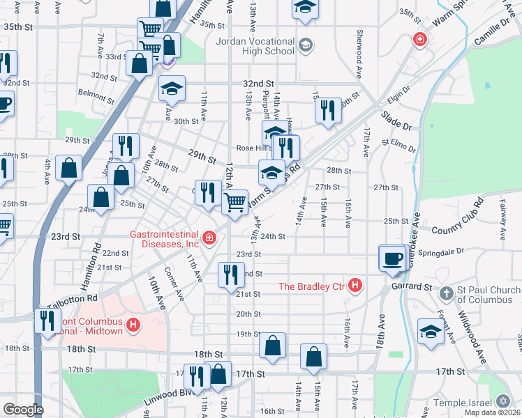 map of restaurants, bars, coffee shops, grocery stores, and more near 1315 Pou Street in Columbus