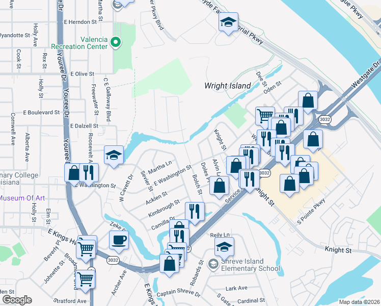 map of restaurants, bars, coffee shops, grocery stores, and more near 2715 Bolch Street in Shreveport