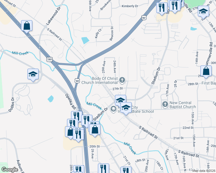 map of restaurants, bars, coffee shops, grocery stores, and more near 2702 North Railroad Street in Phenix City