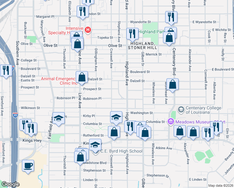map of restaurants, bars, coffee shops, grocery stores, and more near 2514 Pinehurst Boulevard in Shreveport