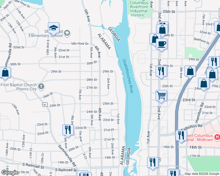 map of restaurants, bars, coffee shops, grocery stores, and more near 2610 3rd Avenue in Phenix City