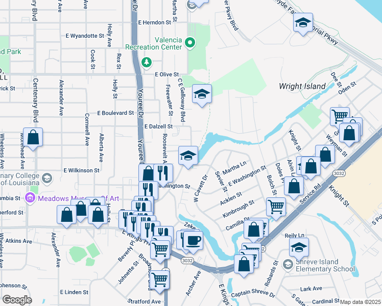 map of restaurants, bars, coffee shops, grocery stores, and more near 2605 C E Galloway Boulevard in Shreveport