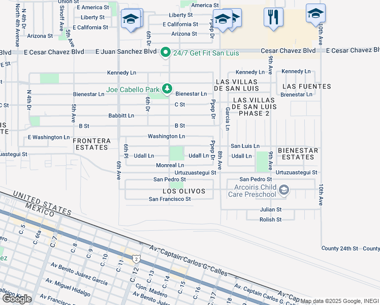 map of restaurants, bars, coffee shops, grocery stores, and more near 1586 Udall Lane in San Luis