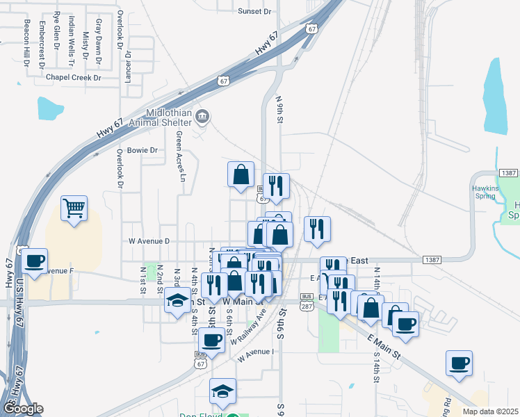 map of restaurants, bars, coffee shops, grocery stores, and more near 511 North 8th Street in Midlothian