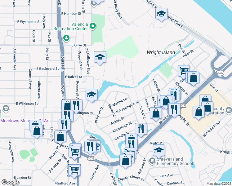 map of restaurants, bars, coffee shops, grocery stores, and more near 2602 West Cavett Drive in Shreveport