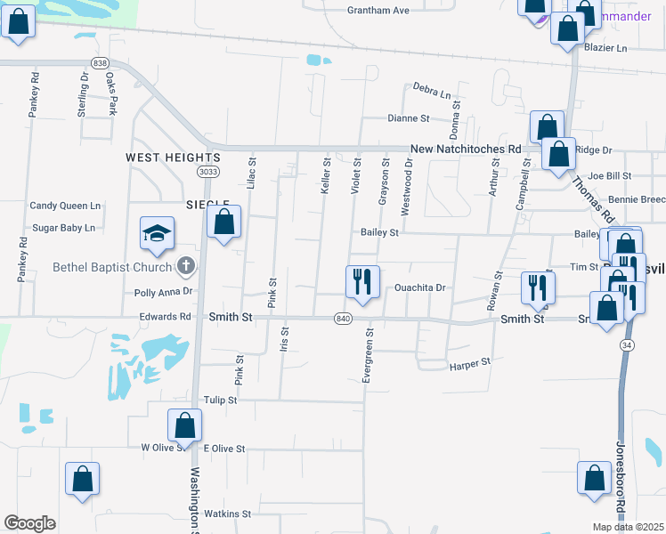 map of restaurants, bars, coffee shops, grocery stores, and more near 212 Violet St in West Monroe