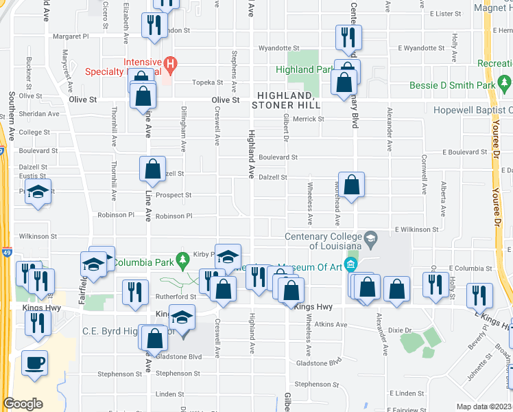 map of restaurants, bars, coffee shops, grocery stores, and more near 2511 Highland Avenue in Shreveport