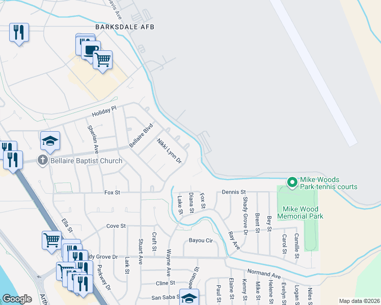map of restaurants, bars, coffee shops, grocery stores, and more near 3543 Holiday Place in Bossier City