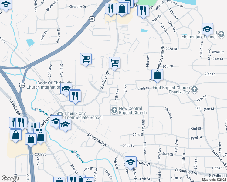 map of restaurants, bars, coffee shops, grocery stores, and more near 1701 Tradition Court in Phenix City