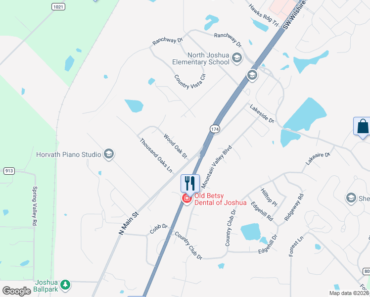 map of restaurants, bars, coffee shops, grocery stores, and more near 109 Wood Oak Street in Joshua