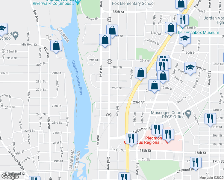 map of restaurants, bars, coffee shops, grocery stores, and more near 2400 2nd Avenue in Columbus