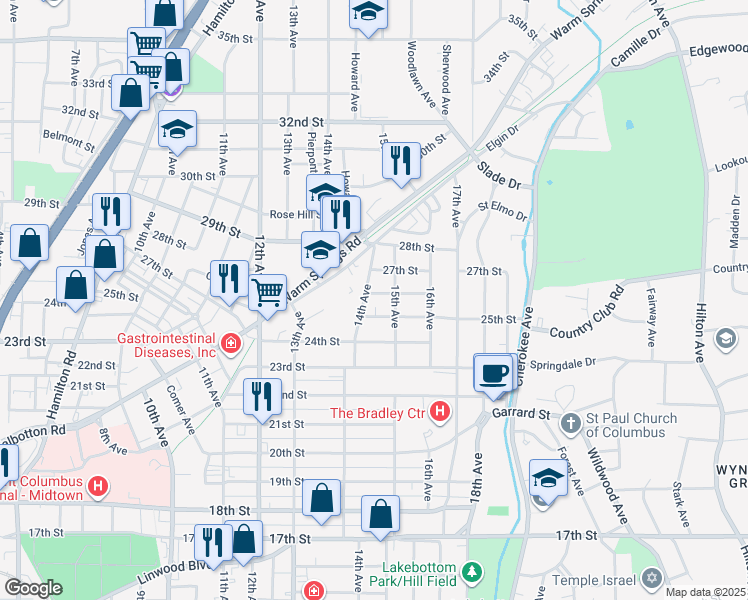 map of restaurants, bars, coffee shops, grocery stores, and more near 1410 26th Street in Columbus
