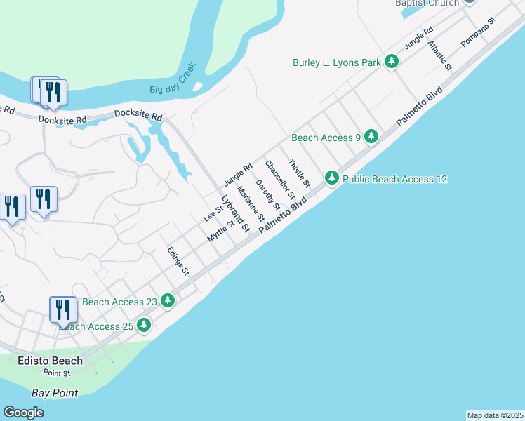 map of restaurants, bars, coffee shops, grocery stores, and more near 1507 Marianne Street in Edisto Island