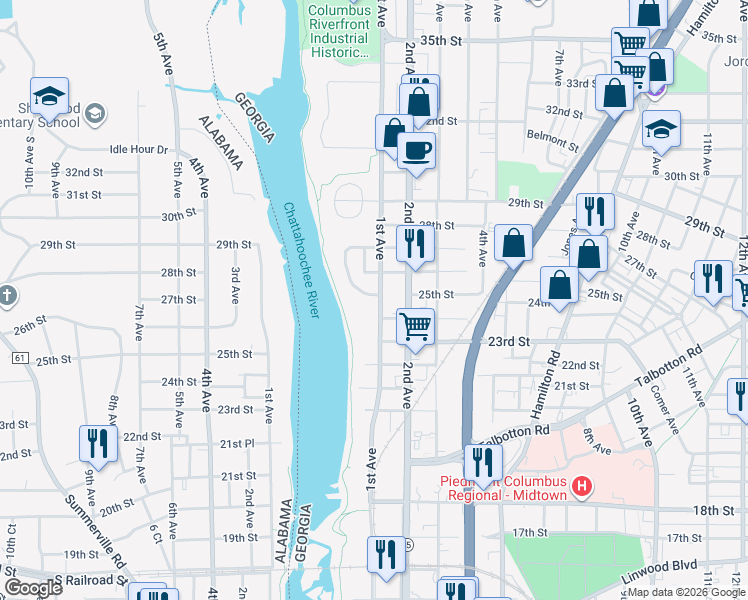 map of restaurants, bars, coffee shops, grocery stores, and more near 2417 1st Avenue in Columbus