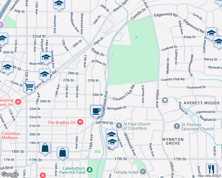 map of restaurants, bars, coffee shops, grocery stores, and more near 2520 Country Club Road in Columbus