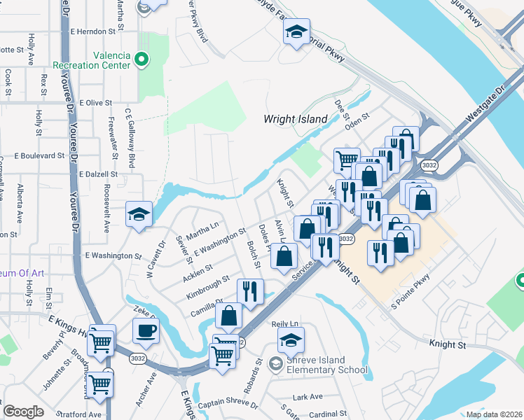 map of restaurants, bars, coffee shops, grocery stores, and more near 2717 Doles Place in Shreveport