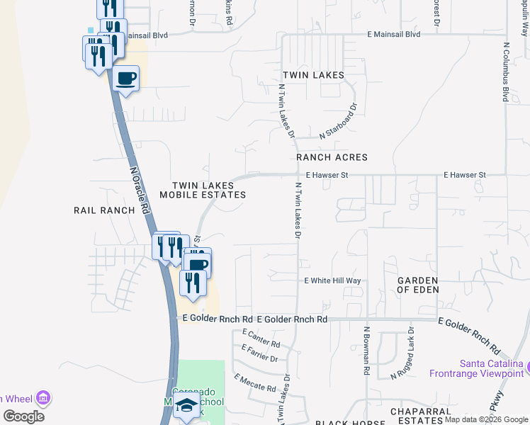 map of restaurants, bars, coffee shops, grocery stores, and more near 15491 North Twin Lakes Drive in Tucson
