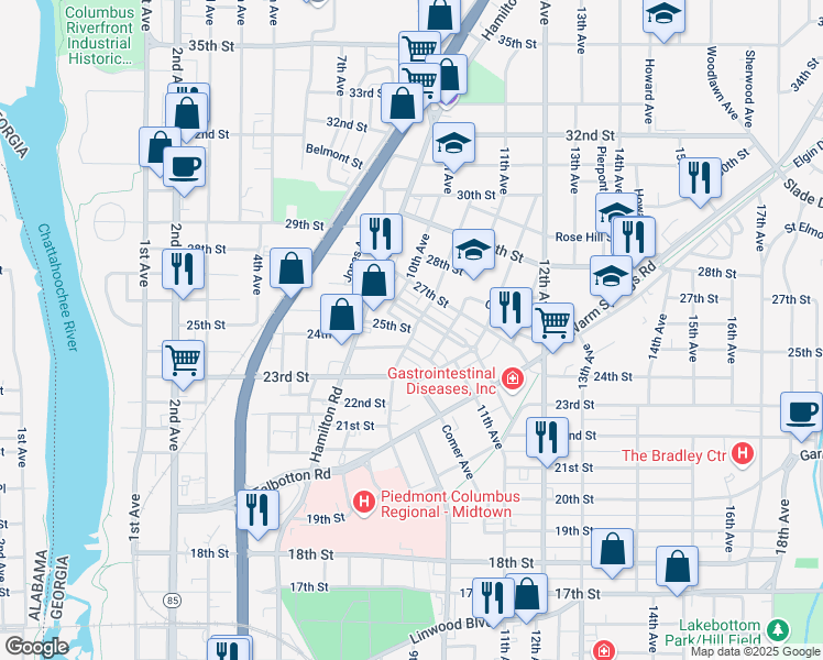 map of restaurants, bars, coffee shops, grocery stores, and more near 848 25th St in Columbus