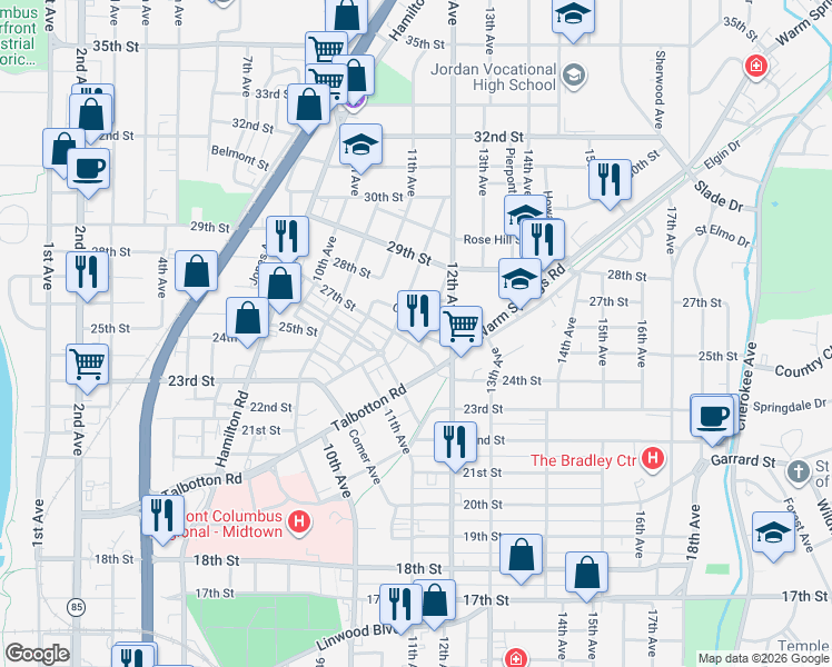 map of restaurants, bars, coffee shops, grocery stores, and more near 1151 Nobel Street in Columbus