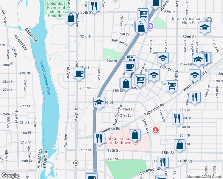 map of restaurants, bars, coffee shops, grocery stores, and more near 505 24th Street in Columbus