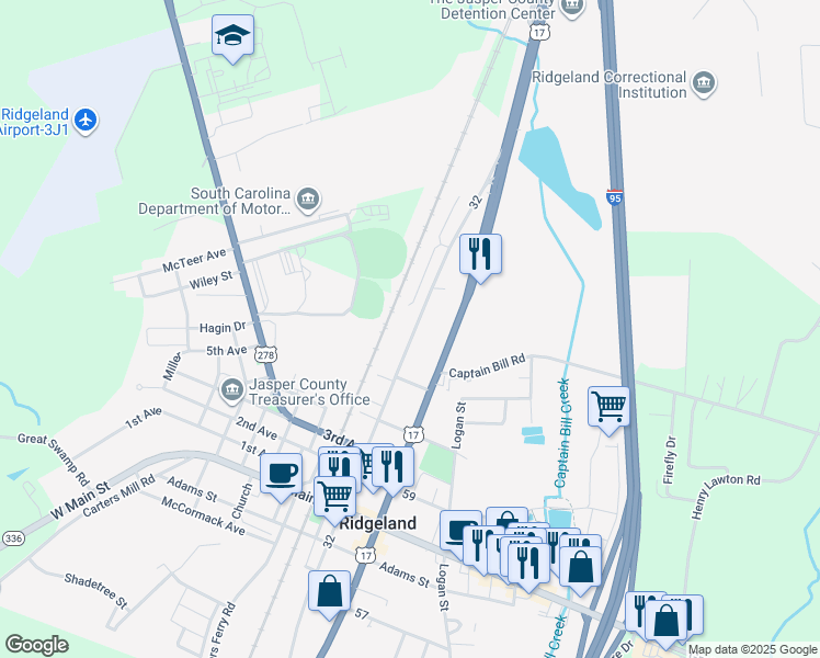 map of restaurants, bars, coffee shops, grocery stores, and more near 1067 North Green Street in Ridgeland