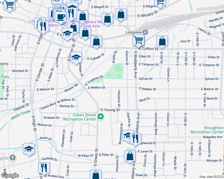 map of restaurants, bars, coffee shops, grocery stores, and more near 200 East Melton Street in Longview
